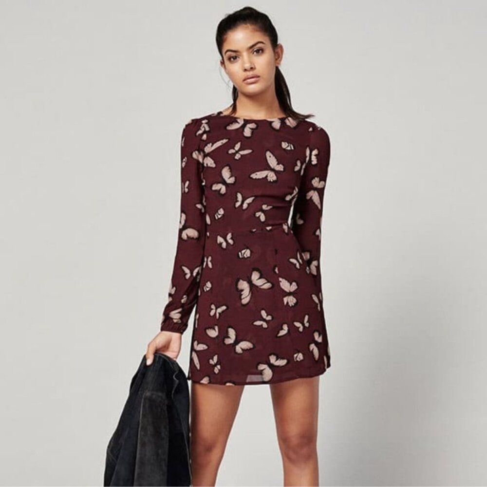 Reformation Butterfly Print Long Sleeve Mini Dress Maroon Burgundy Size 8